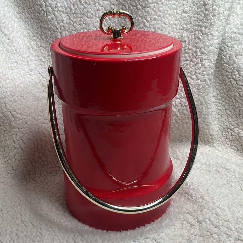 Vintage Red mid century, modern Kraftware Faux Leather Ice Bucket Reto Red